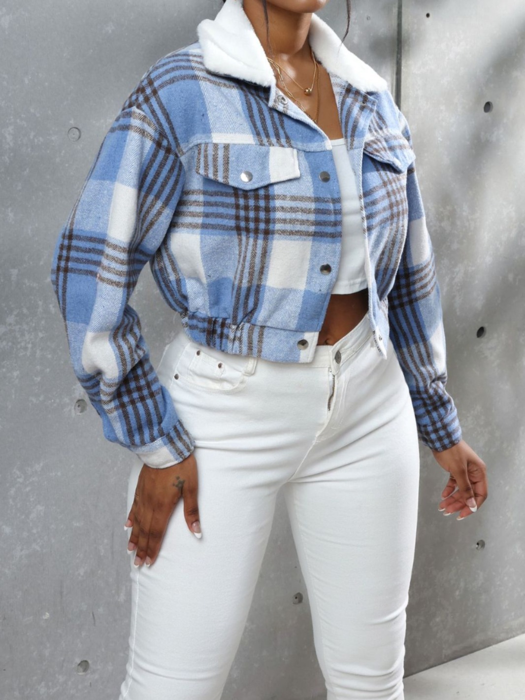 New Fast Fashion All-match Plaid Long Sleeve Short Top