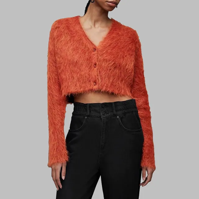 Women's V neck Single Breasted Mink Solid Color Short Commuter Sweater Orange - Shop at LoveMi