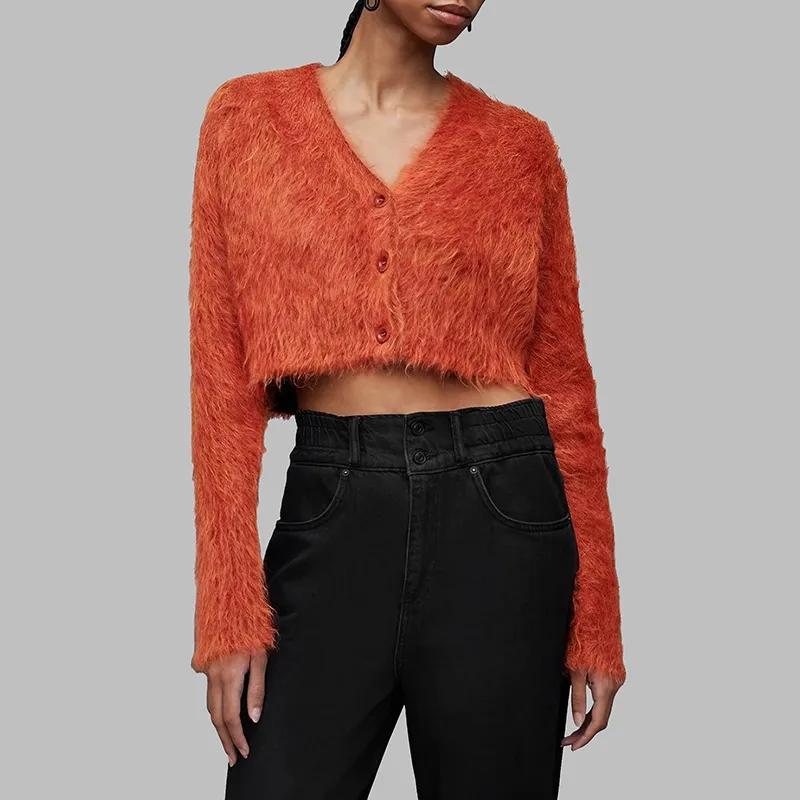 Women's V-neck Single Breasted Mink Solid Color Short Commuter Sweater - Orange
