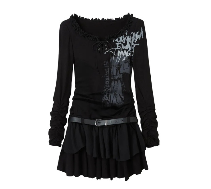 Yabi Style Graffiti Punk Long Sleeve Printed Dress