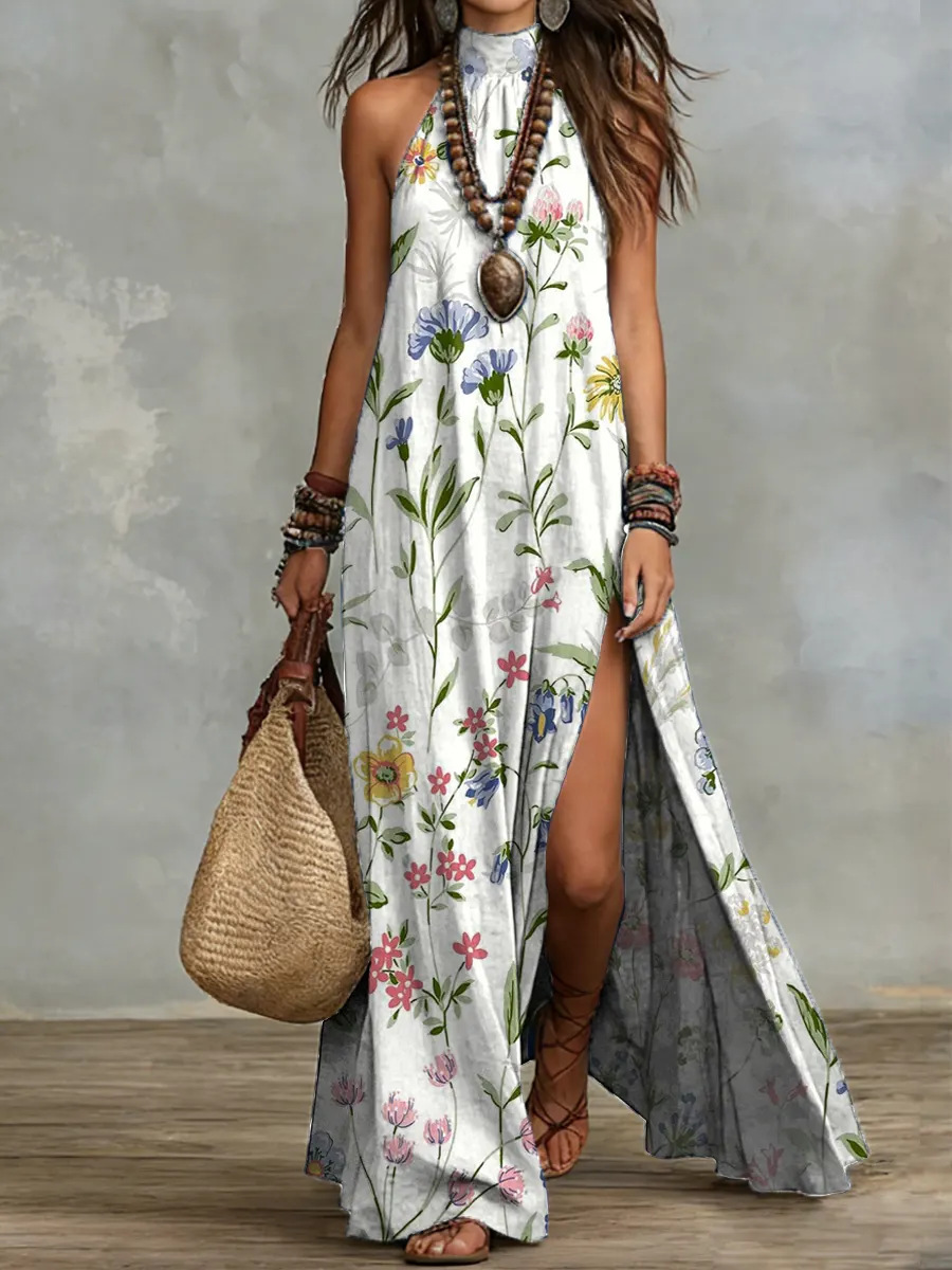 Women's Sleeveless Floral Maxi Dress – multicolored printed split resort dress