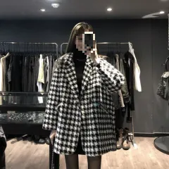 Houndstooth Design Woolen Coat Women's Loose Casual - Black - View 1