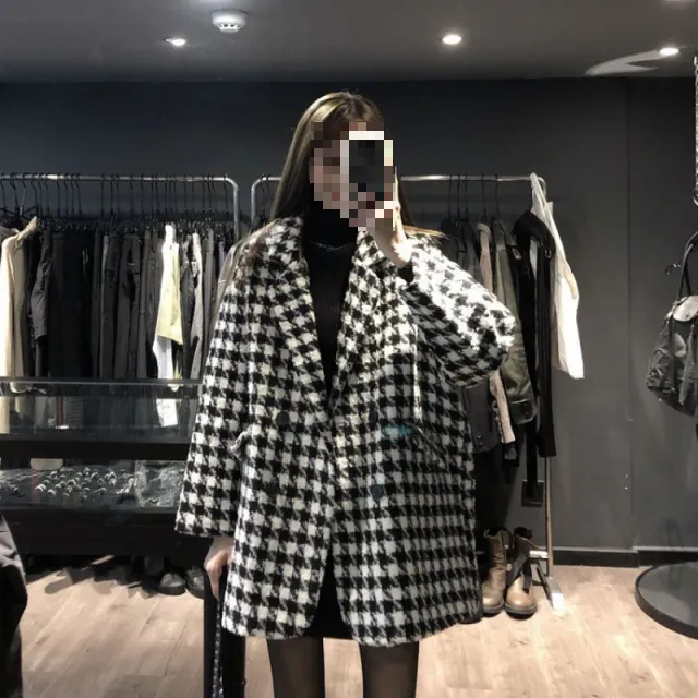 Houndstooth Design Woolen Coat Women's Loose Casual Black - Shop at LoveMi
