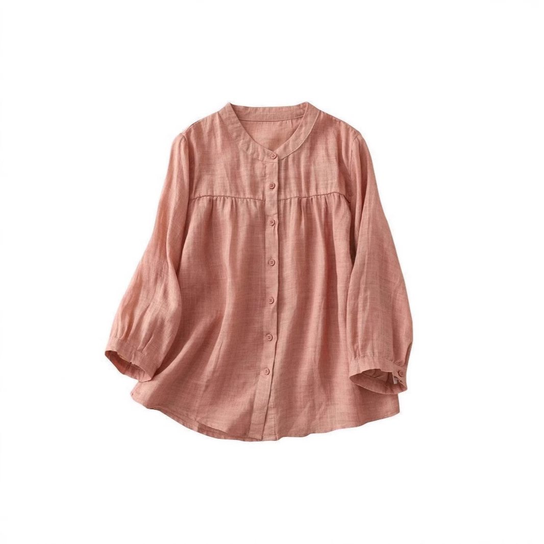 Simple Style Elegant Cotton And Linen Three-quarter Sleeve Stand Collar Shirt For Women