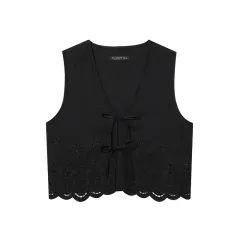 Women's All-matching Hollow Embroidered V-neck Lace-up Sleeveless Waistcoat Vest - Black - View 1