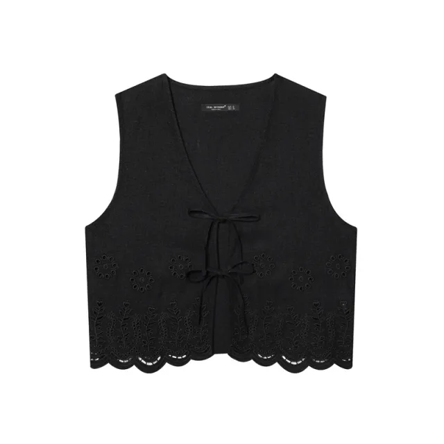 Women's All matching Hollow Embroidered V neck Lace up Sleeveless Waistcoat Vest Black - Shop at LoveMi