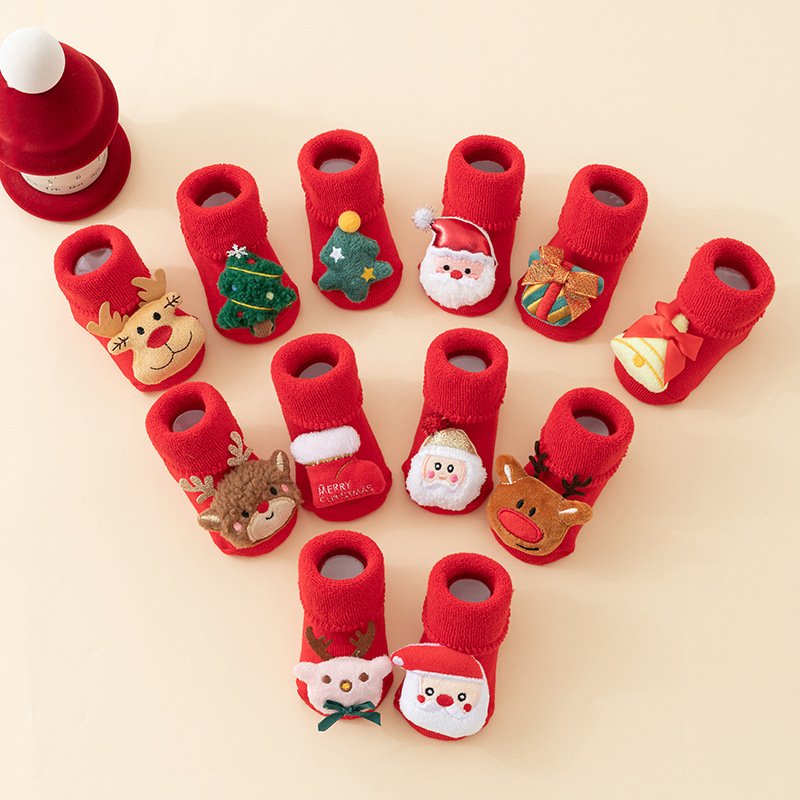 Babys Cozy Fleece-lined Thickened Pure-cotton Red Floor Socks For Fall And Winter