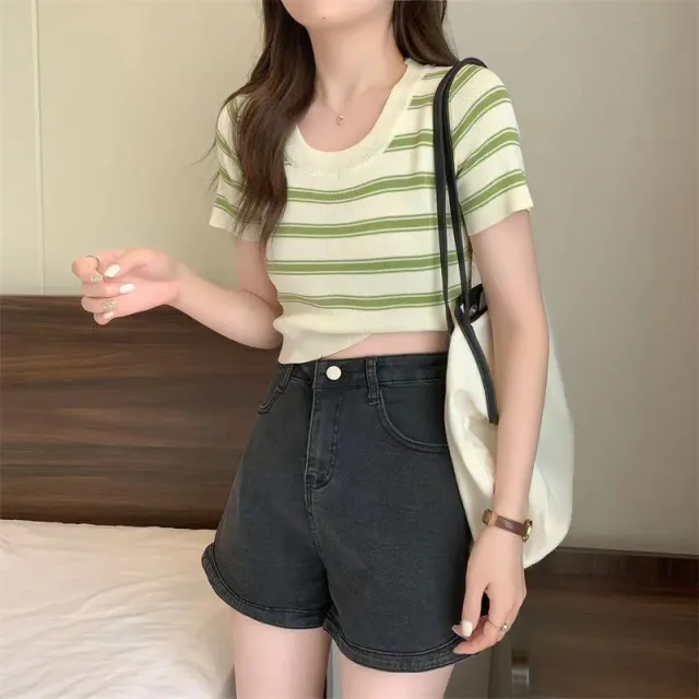 Women's Fashion Striped Knitted Short Sleeve T shirt Top Green - Shop at LoveMi