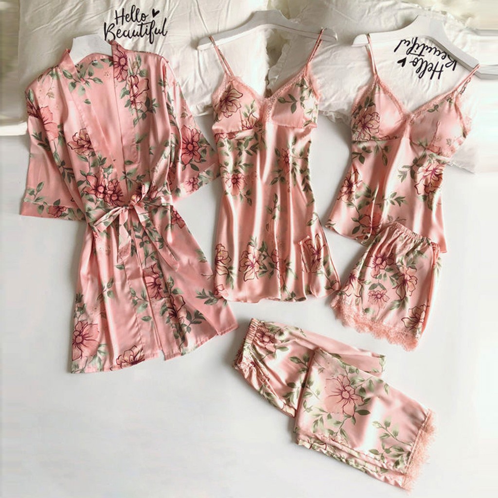 Pajamas Printed Women's Imitation Sling Sleeping Loose Comfortable Lace Five piece Set Pink - Shop at LoveMi