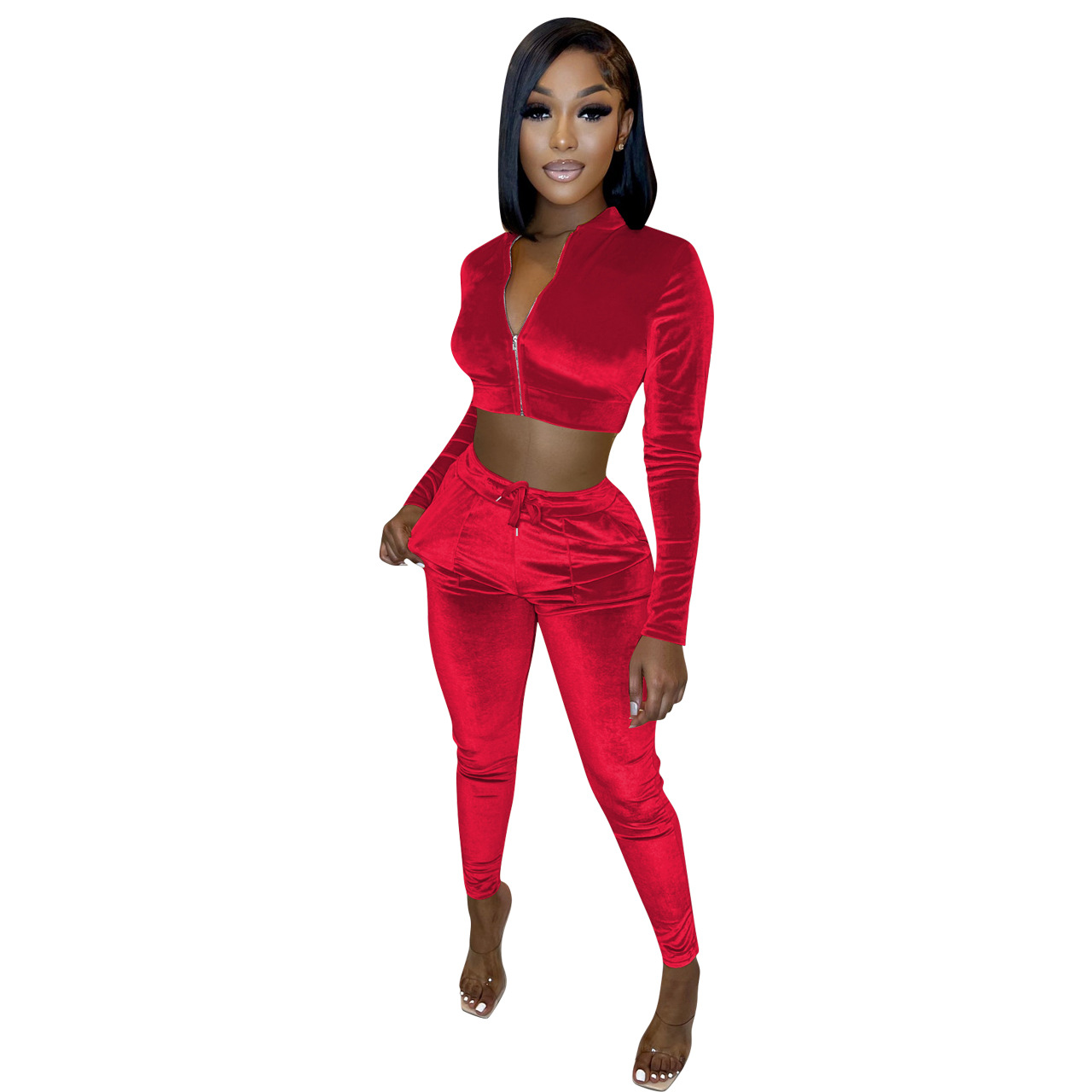 Fashion Casual Midriff Outfit Non inverted Velvet Suit Red - Shop at LoveMi