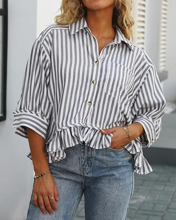 Women's Casual Loose Striped Shirt With Ruffled Hem And Short Sleeves Black - Shop at LoveMi