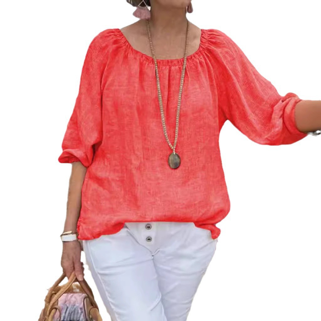 Women's Round Neck Shirt With Half Sleeve Pullover Cotton And Linen Top