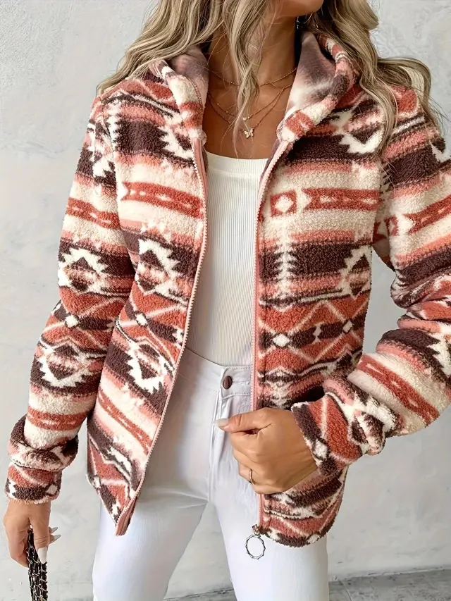 Fashion Casual Geometric Pattern Printed Hooded Zipper Jacket Red - Shop at LoveMi