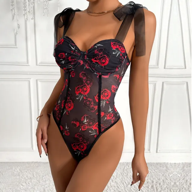Womens Sexy Floral Printed Underwire Strappy Bodysuit Black - Shop at LoveMi