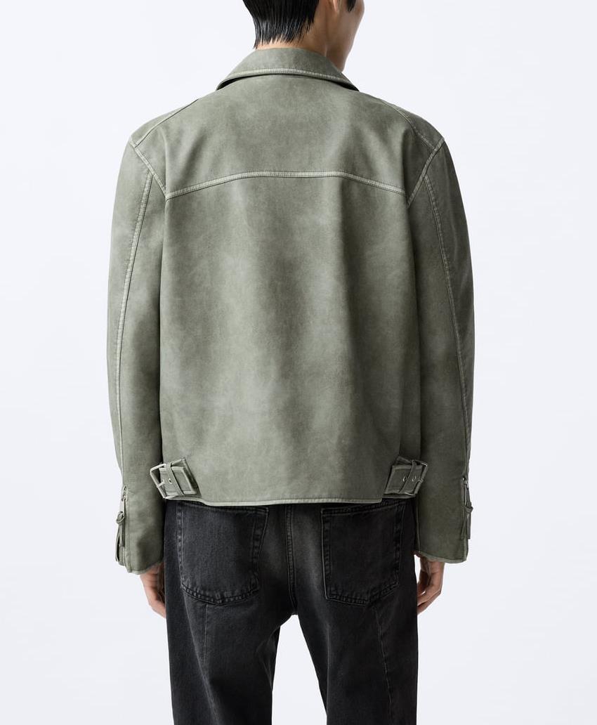 New Men's Zipper Distressed Retro Washed Imitation Leather Jacket Coat