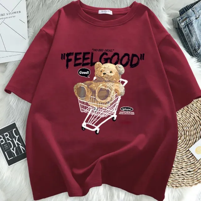 Cartoon Bear Short sleeved T shirt Women's Loose Top Red - Shop at LoveMi