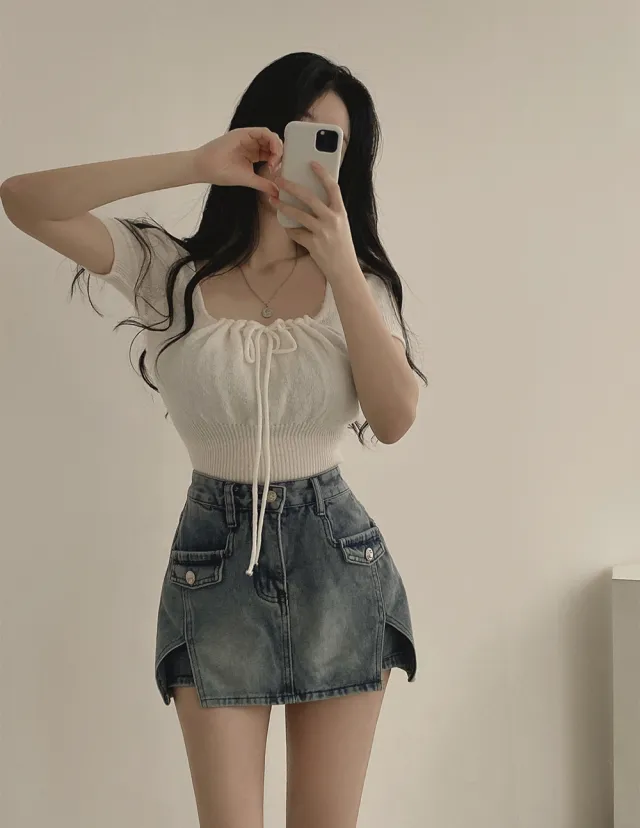 Square Collar Drawstring Short Knitwear Slim Top White - Shop at LoveMi