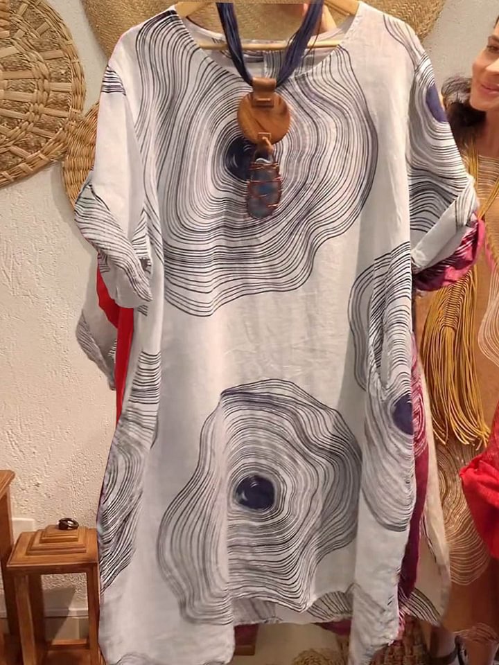 Women's Round Neck Abstract Printing Sleeve Dress White - Shop at LoveMi