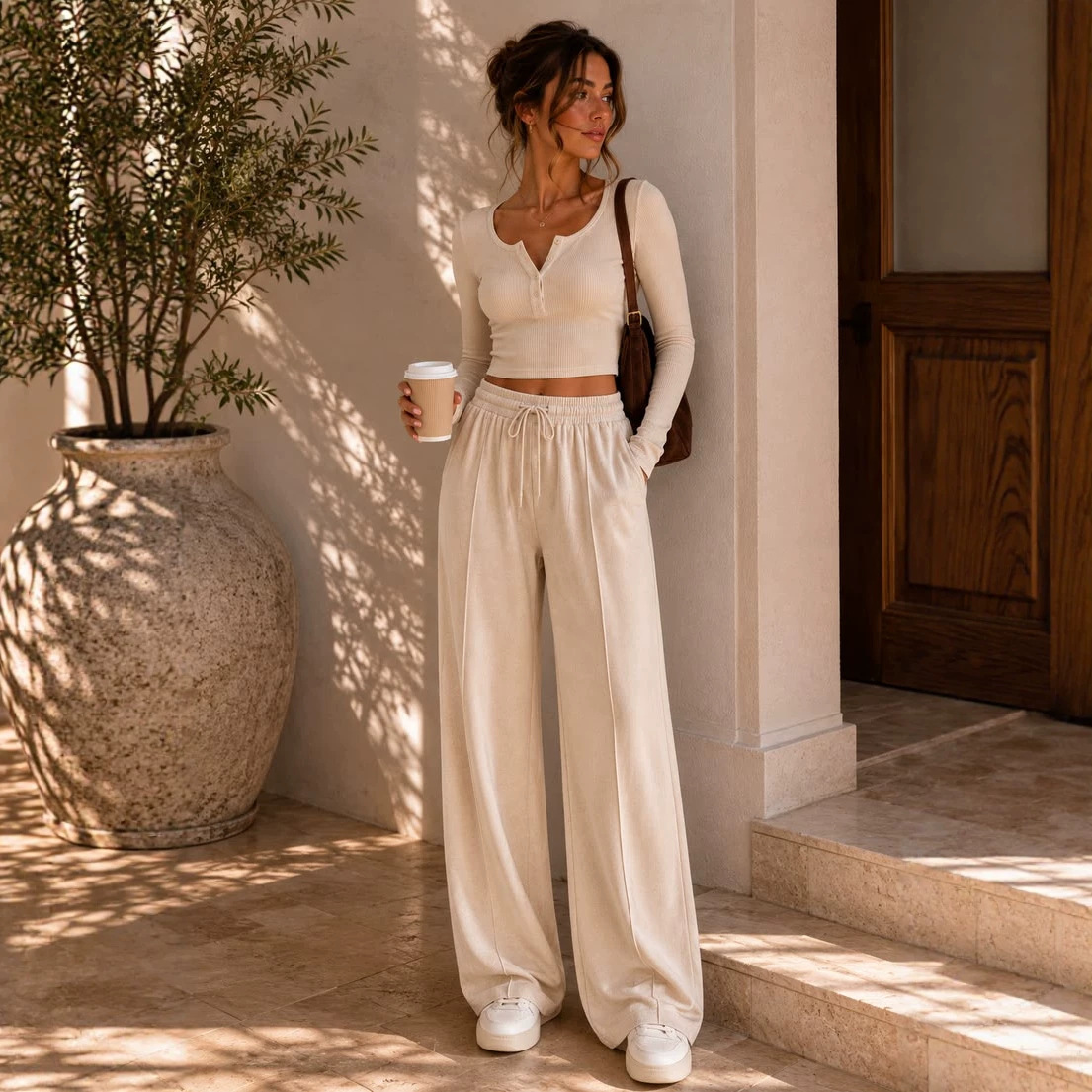 Ribbed Short-length Long-sleeve Top And Wide-leg Pants Two-piece Set product image