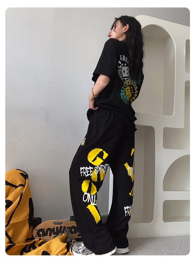 Title 5, New Yellow Letter Black Womens Loose Casual Wi...