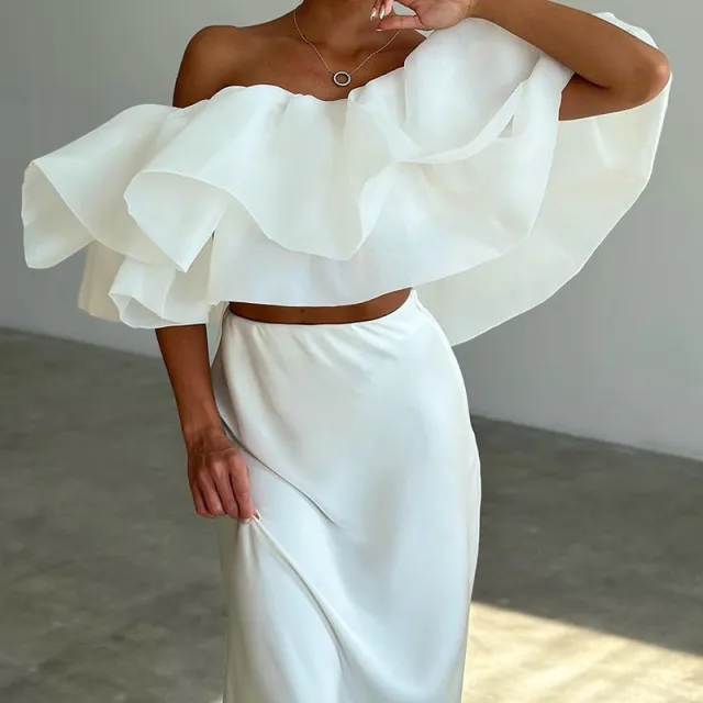 Elegant Off shoulder Top Skirt Suit Women White Top - Shop at LoveMi