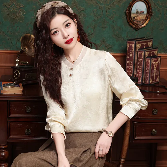 Retro Tang Suit Oblique Placket Long sleeved Top Tan - Shop at LoveMi