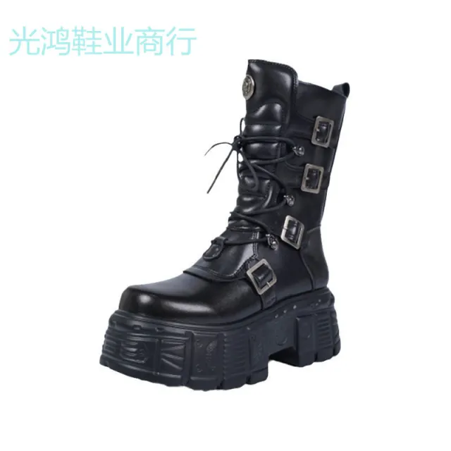 Dark Punk Metal Tank Platform Lace up Middle Boots Gothic Martin Boots Black - Shop at LoveMi