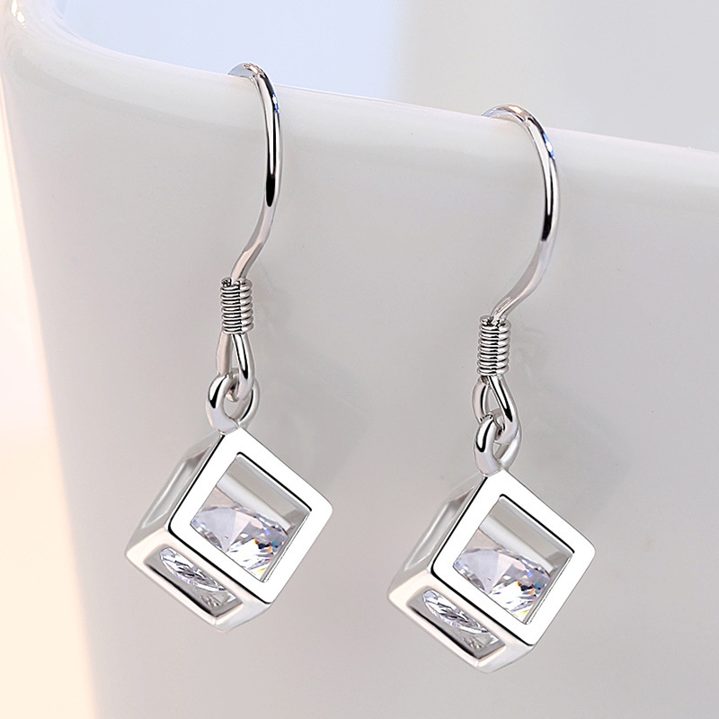 Rubik's Cube Love Window Silver Earrings