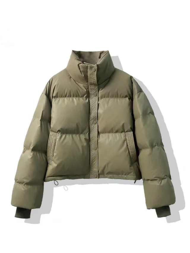 Wash free PU Leather Cotton padded Women's Short Thickened Small Cotton Coat Jacket Army Green - Shop at LoveMi