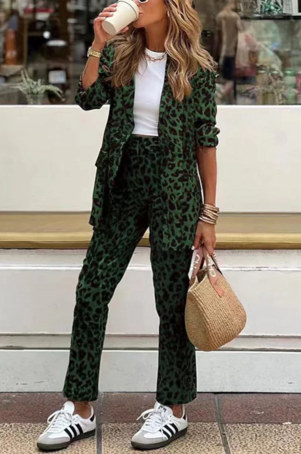Autumn And Winter Women's Leopard Print Printed Long sleeved Top High Waist Suit Trousers Green - Shop at LoveMi