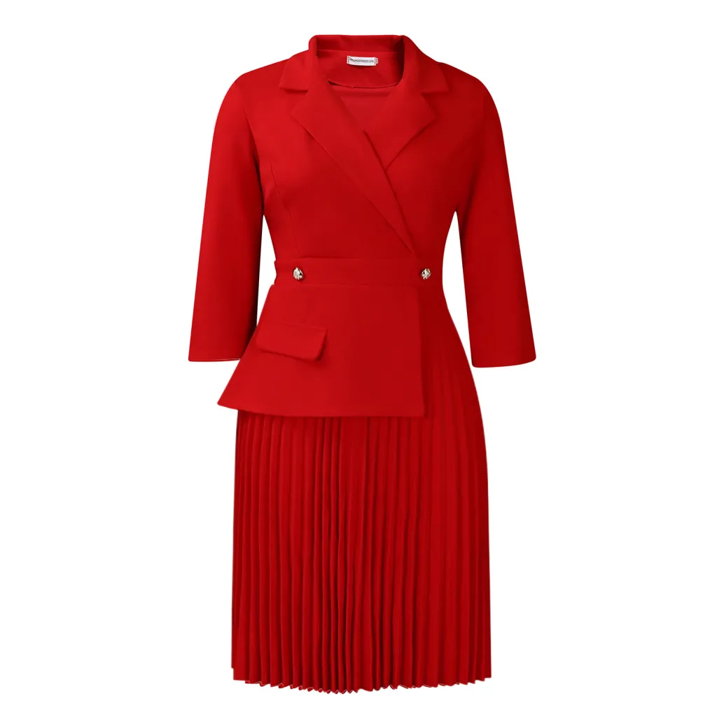 New Fashion Elegant Suit Collar Solid Color Pleated Dress - Red