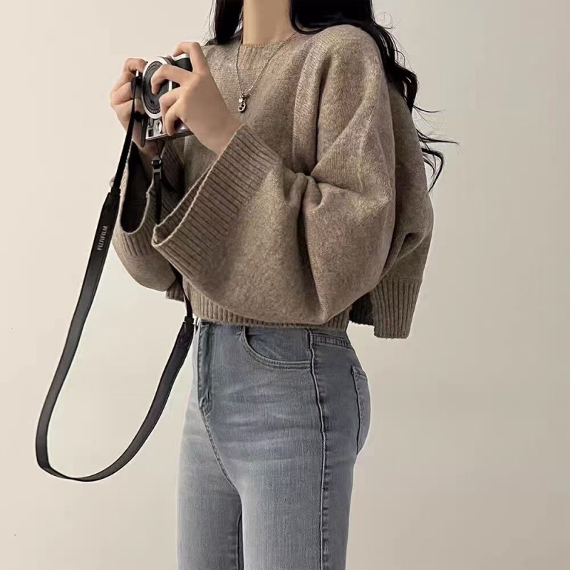 Solid Color Loose Small Short Long Sleeve Round Neck Pullover Sweater