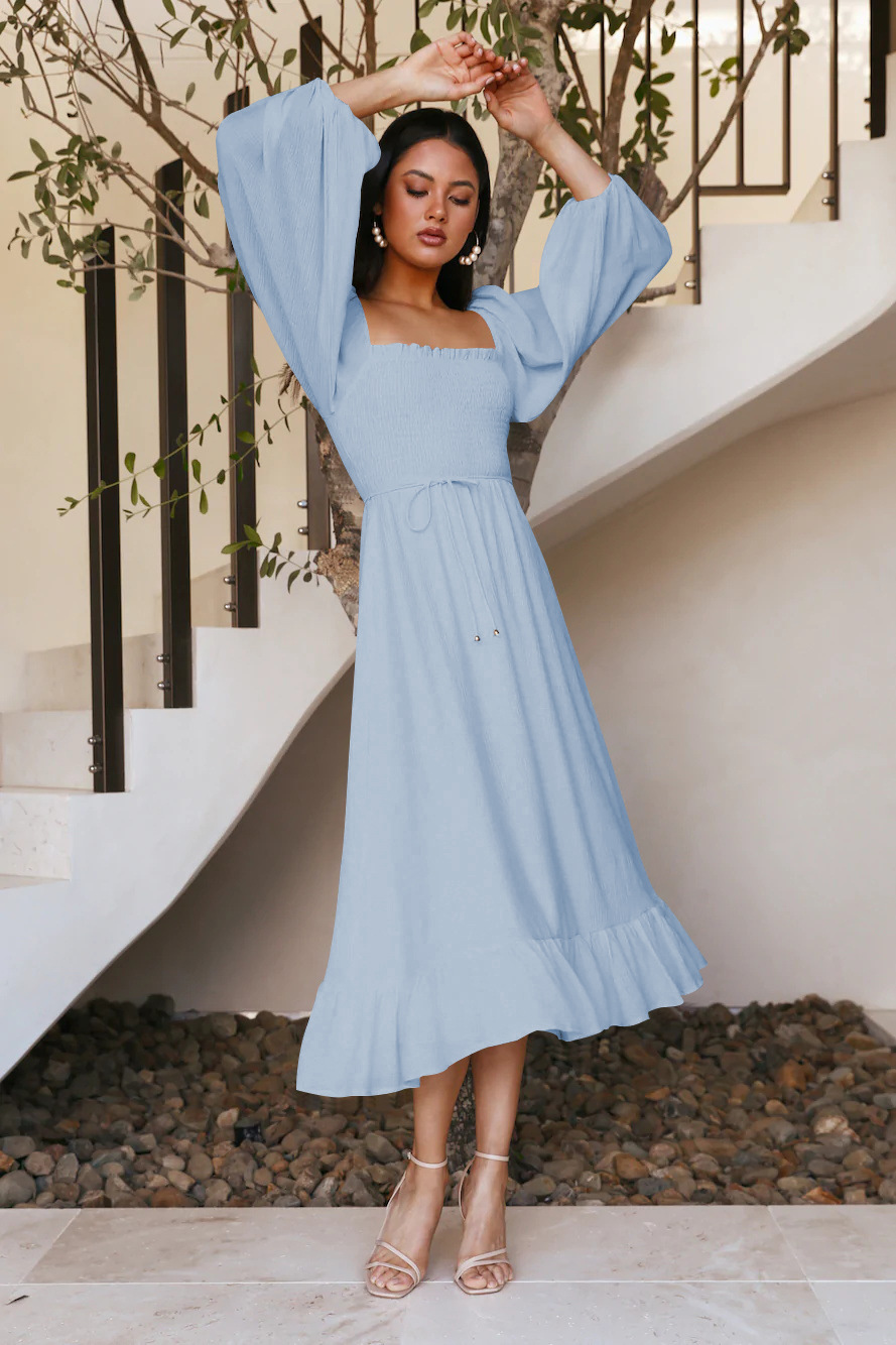 Square Collar Pleated Lantern Sleeve Fashion Dress