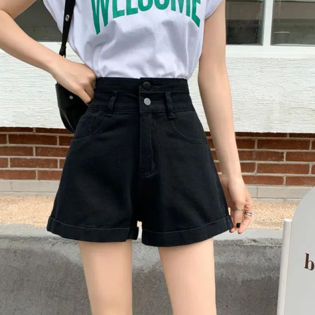 Two button High Waist Denim Shorts Women's Wide Leg Curling A Line Hot Pants Tide Black - Shop at LoveMi