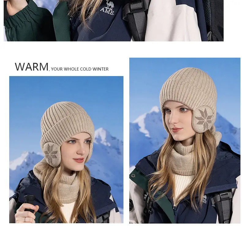 Winter Earflaps Slipover Knitted Woolen Cap Scarf