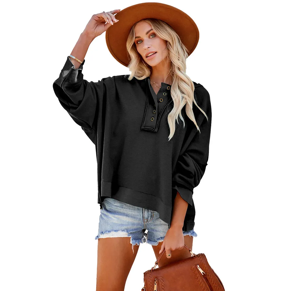 Leisure Loose Patchwork Drop-shoulder Long-sleeve Sweatshirt Women Winter Thicken Solid Color Hoodie - Black