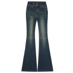 Women's Retro Double-button Skinny Jeans - Dark Blue Lengthened - View 1