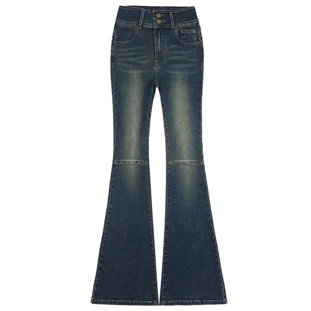 Women's Retro Double button Skinny Jeans Dark Blue Lengthened - Shop at LoveMi