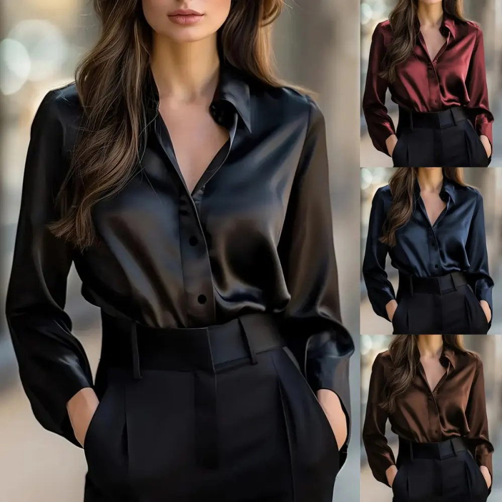 Elegant Satin Long Sleeve Blouse for Women Button-Up Collar