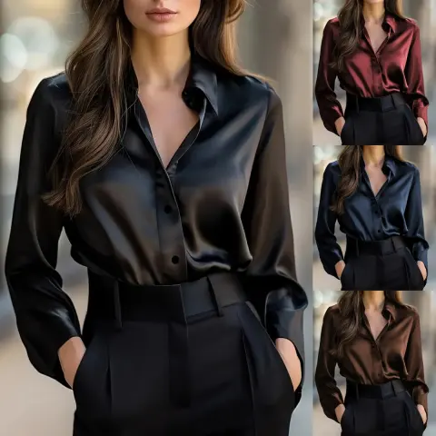 Elegant Satin Long Sleeve Blouse for Women Button-Up Collar