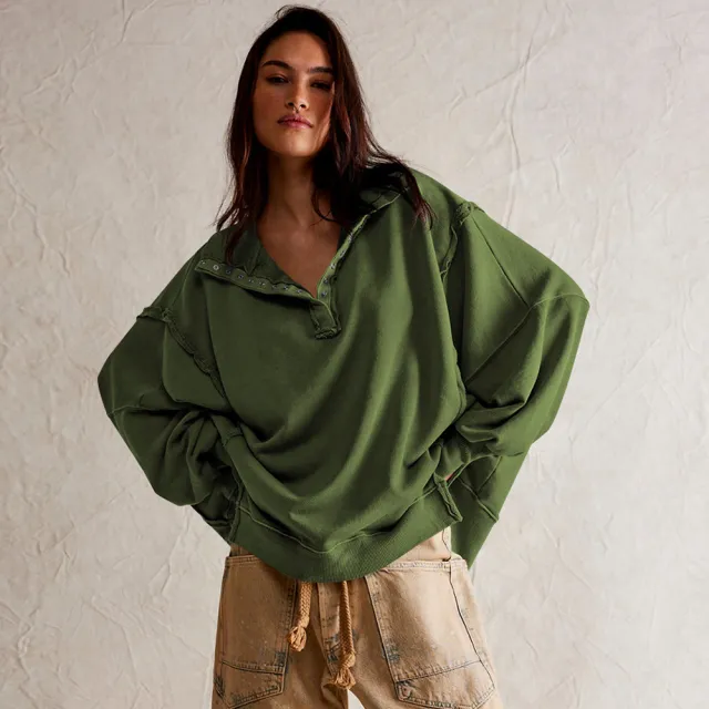 Women's Lantern Sleeve Decorative Moulding Split Lapel Sweater Army Green - Shop at LoveMi
