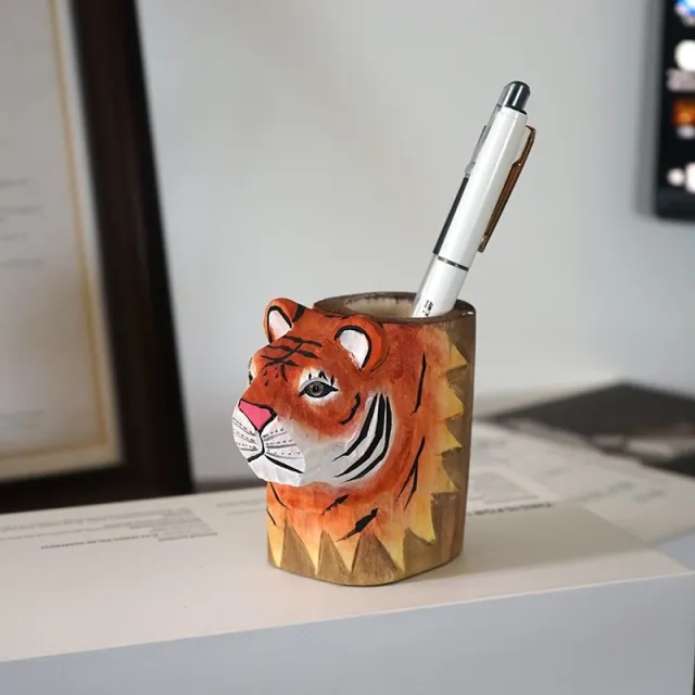 Practical Gift Ornament Pen Holder Desk Linden Wood Carving Decoration Tiger - Shop at LoveMi
