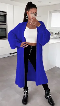 Solid Color Knitwear Pocket Cardigan Mid-length Sweater Women's Coat - Sapphire Blue - View 1
