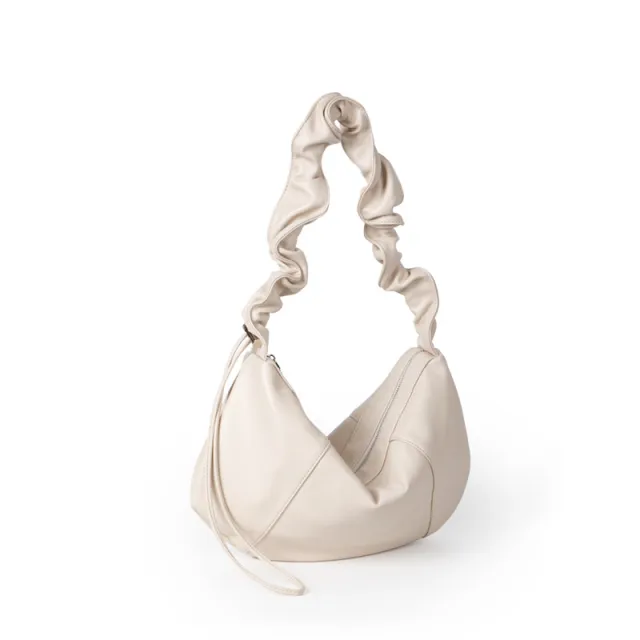Drawstring Ruffle Soft Leather High grade Large Capacity Underarm Bag Beige - Shop at LoveMi