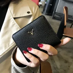 Leather Small Folding Women's Short Ultra-thin Mini Coin Purse Korean Fashion Wallet - Black - View 1