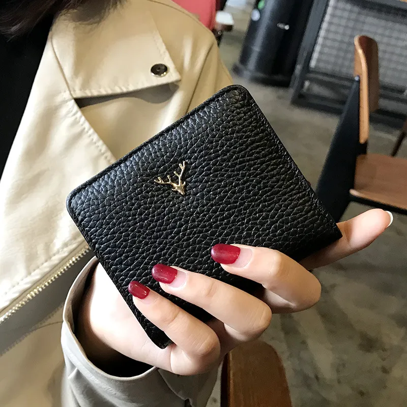 Leather Small Folding Women's Short Ultra-thin Mini Coin Purse Korean Fashion Wallet - Black