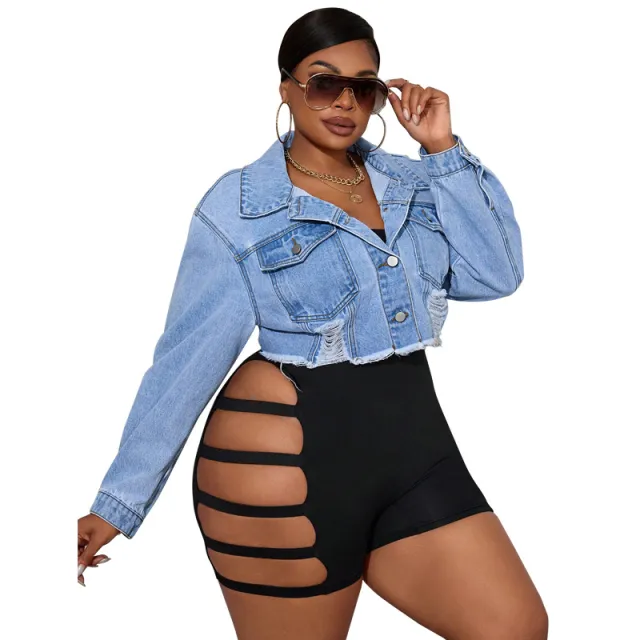 Women's Long sleeve Ripped Denim Jacket Light Blue - Shop at LoveMi