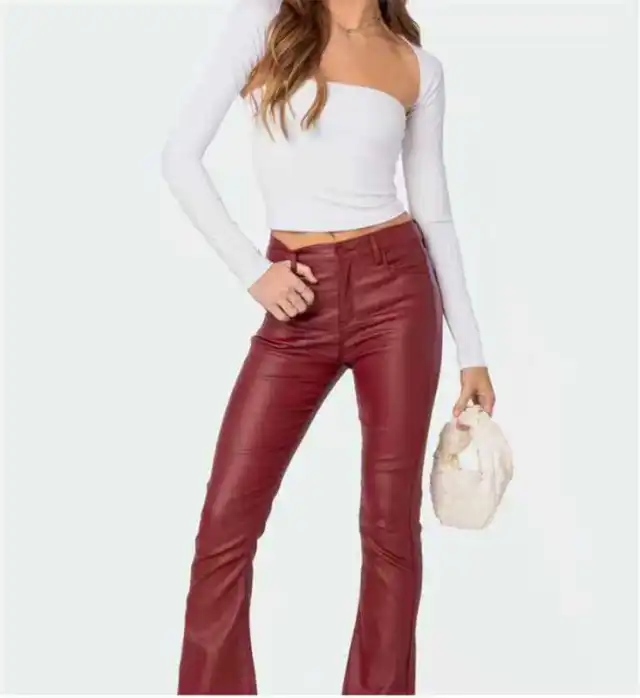 High Waist PU Leather American Tall Mopping Horseshoe Pants Brown - Shop at LoveMi