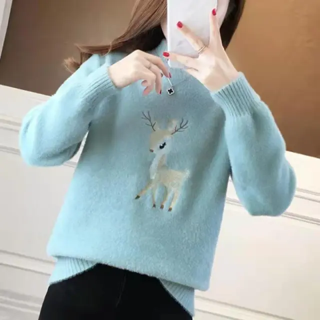 Imitation Mink Mock Neck Sweater Women's Casual Student Thickened Knitting Bottoming Shirt Light Green - Shop at LoveMi