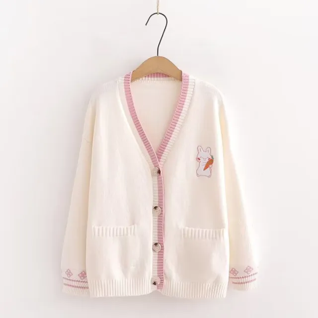 Japanese Style Mori Style Casual Loose Solid Color Rabbit Cardigan V neck Sweater White - Shop at LoveMi